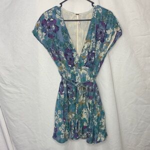 Free People Blue Floral Mini Dress Tie Waist Boho Size Small